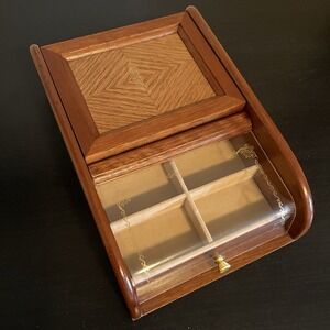 MCM London Leather Wooden Jewelry Box Valet Inlaid Divided Storage Case Vintage